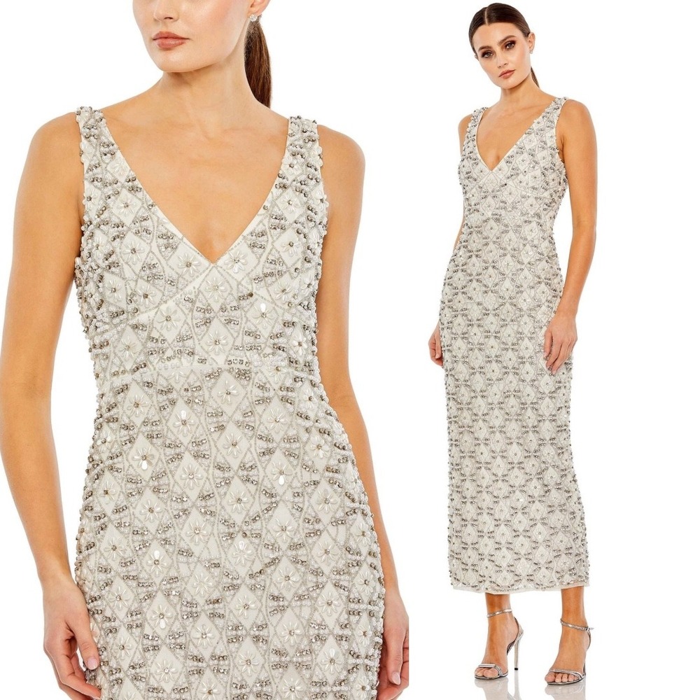 Mac Duggal Collection - White Pearl Embellished Sleeveless Column Dress - Size 6